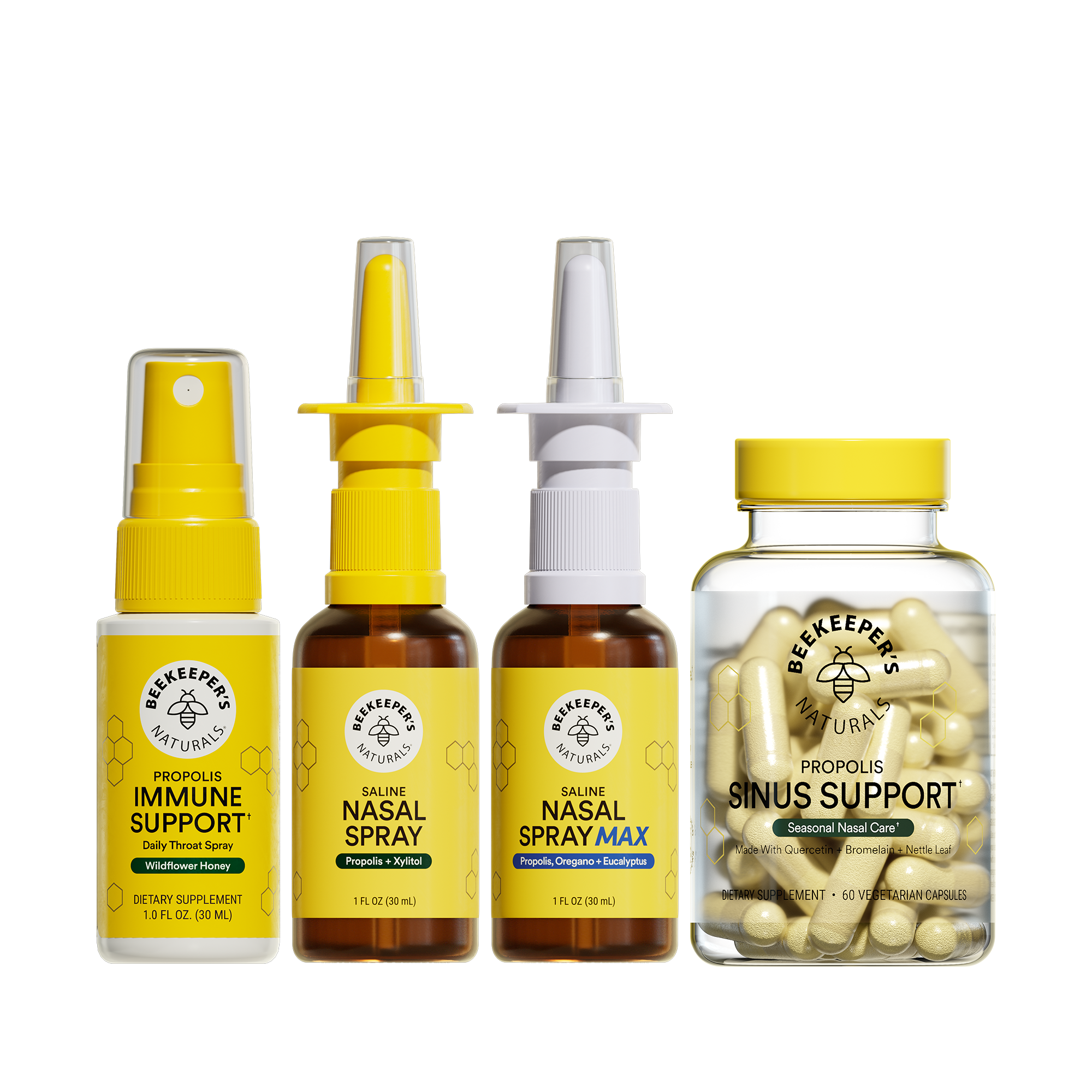 Collection of Beekeeper's Naturals health products including sprays and capsules on a white background
