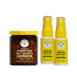 Collection of Beekeeper's Naturals health products including complete gut health jar and two immune spray bottles on a white background.