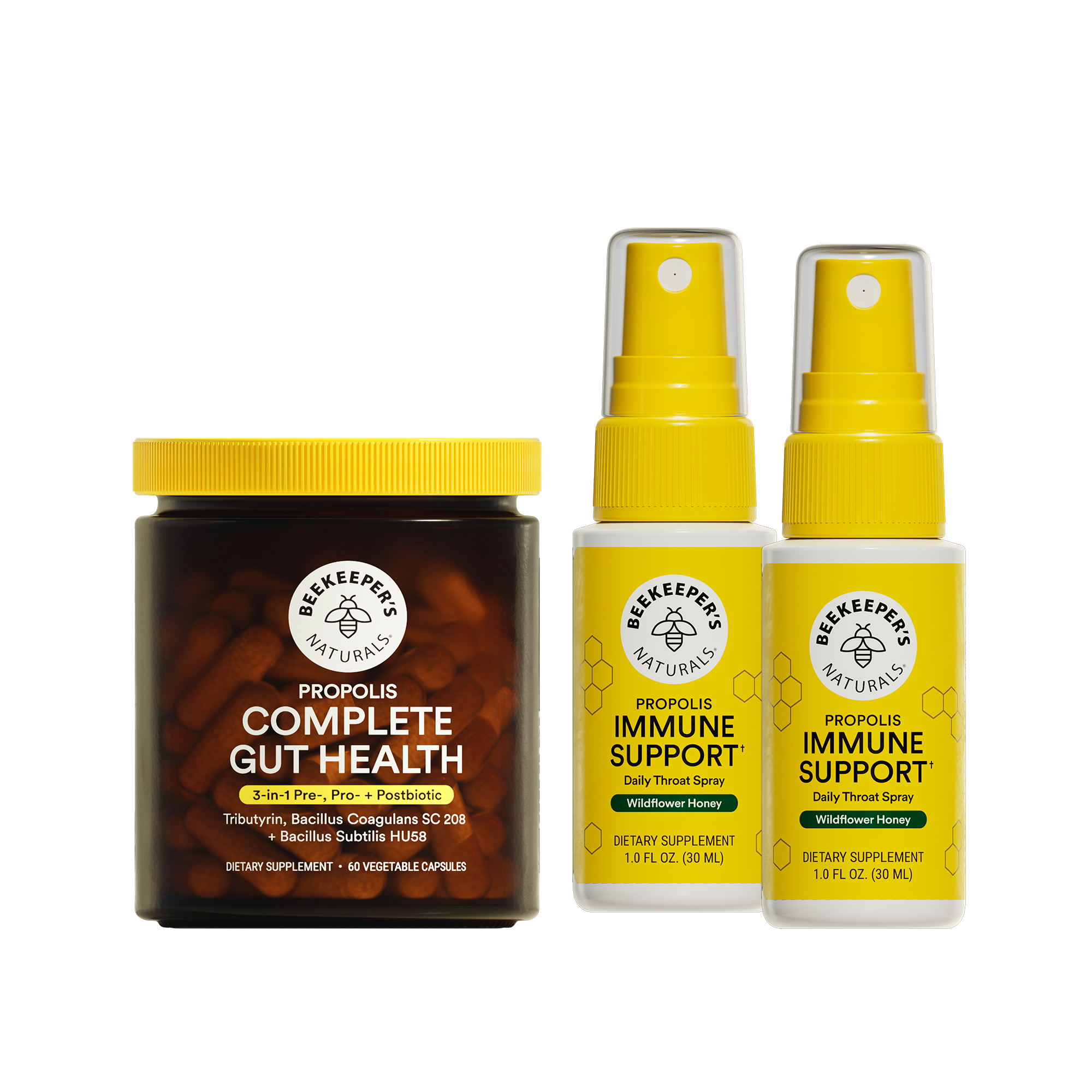 Collection of Beekeeper's Naturals health products including complete gut health jar and two immune spray bottles on a white background.
