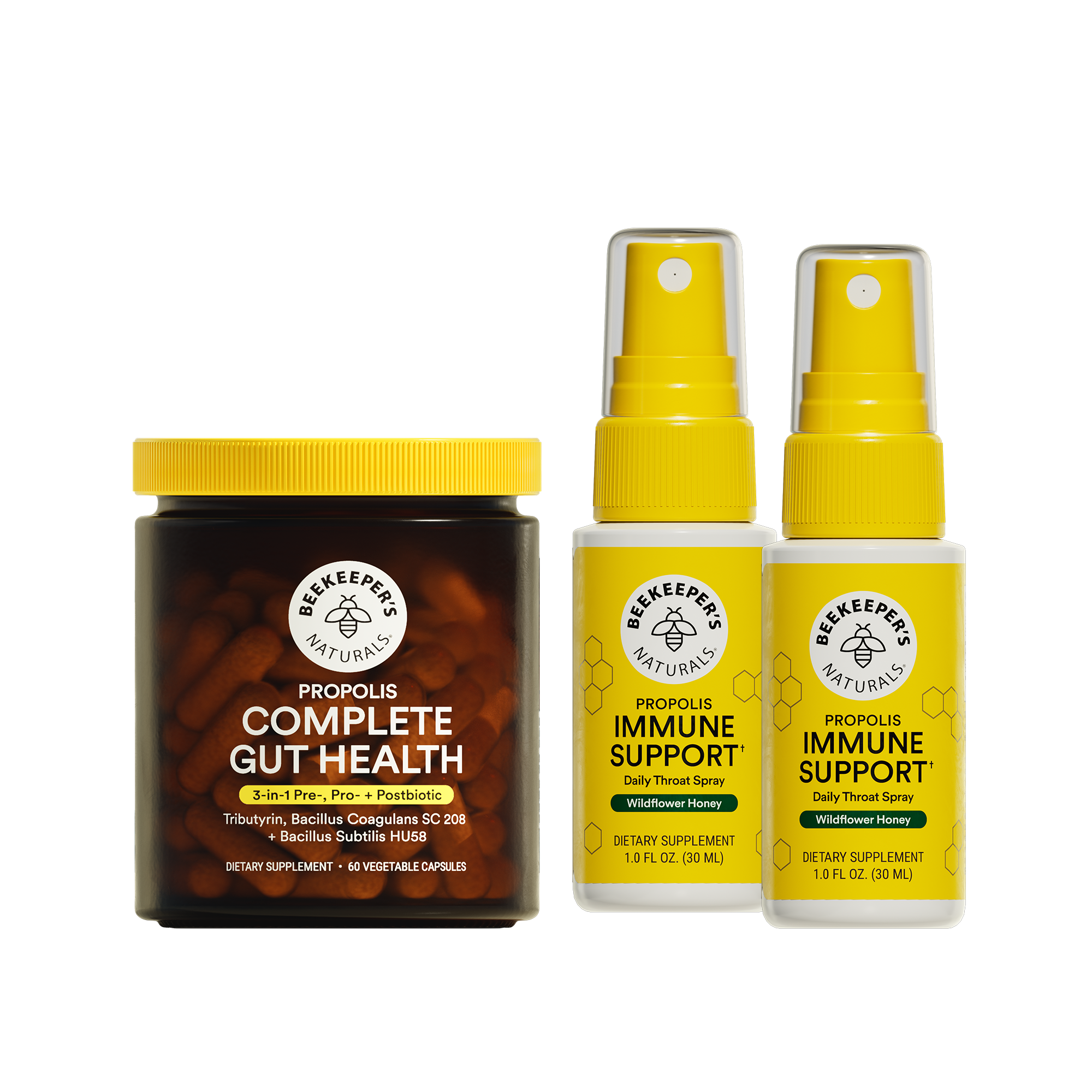 Collection of Beekeeper's Naturals health products including complete gut health jar and two immune spray bottles on a white background.