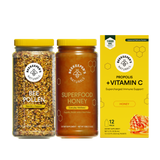 Three Beekeeper's Naturals products including bee pollen, superfood honey, and a vitamin C supplement box on a white background.