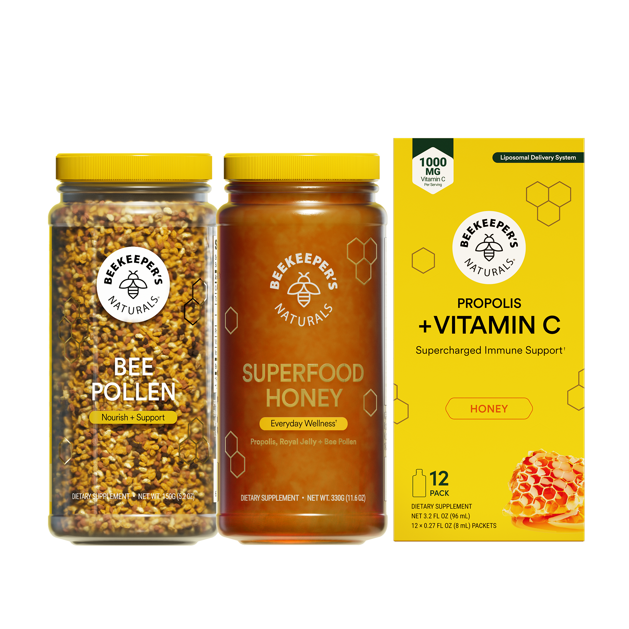 Three Beekeeper's Naturals products including bee pollen, superfood honey, and a vitamin C supplement box on a white background.