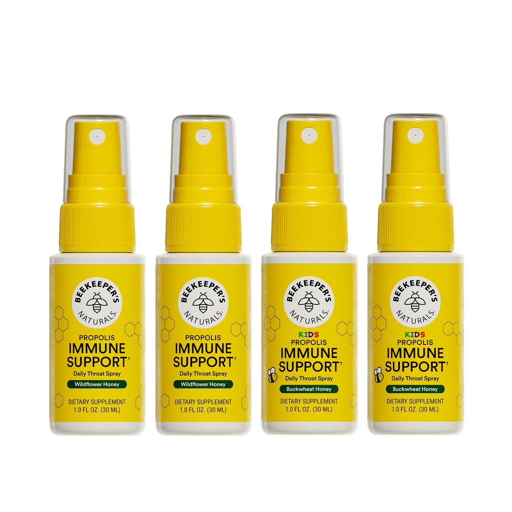 Four bottles of Beekeeper's Naturals Immune Support spray on a white background