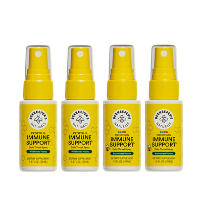 Four bottles of Beekeeper's Naturals Immune Support spray on a white background