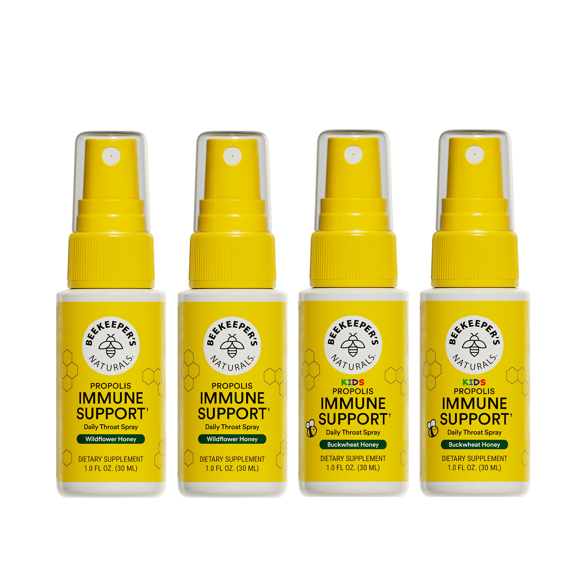 Four bottles of Beekeeper's Naturals Immune Support spray on a white background
