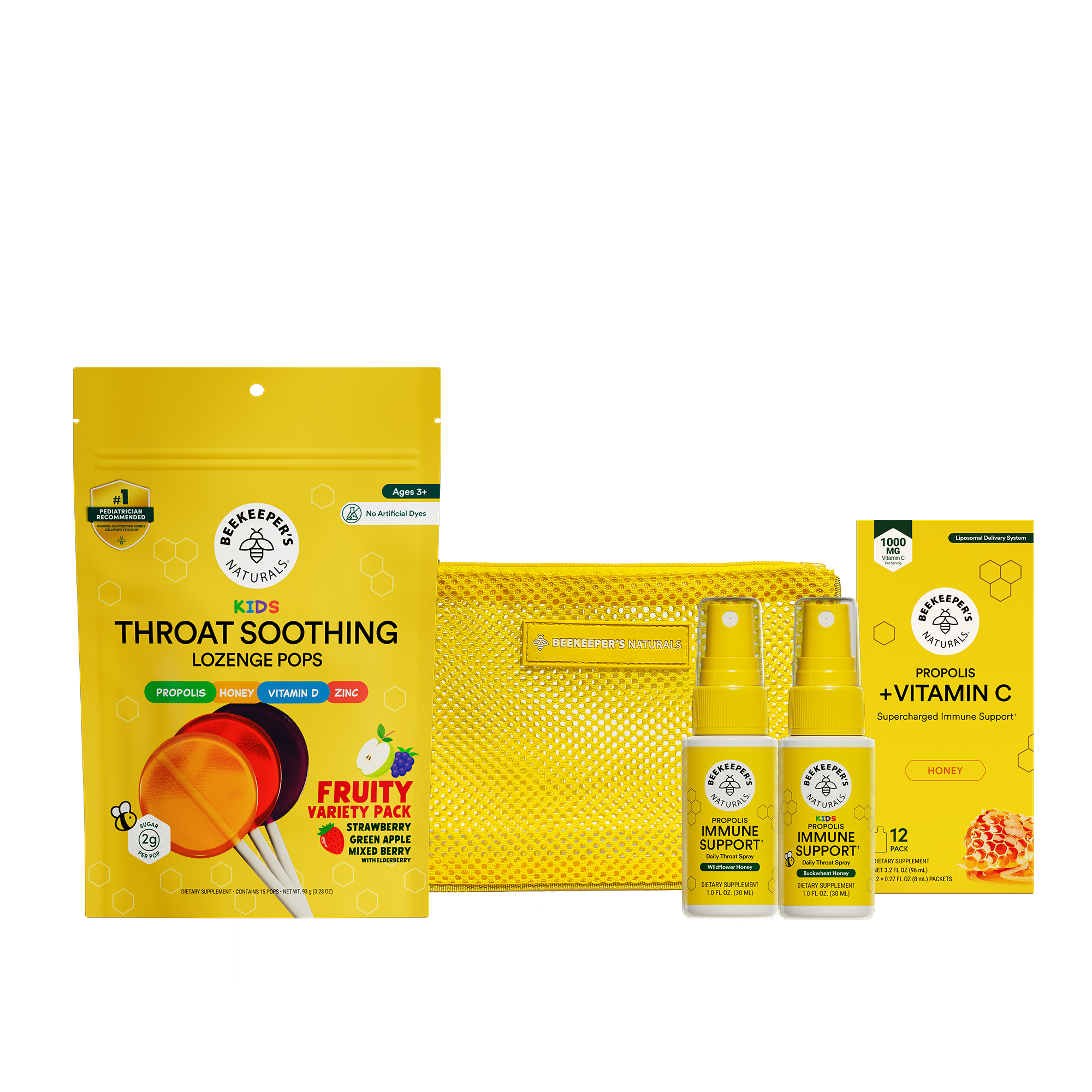 Collection of products including lozenge pops, immune support spray, and vitamin C supplement on a white background.