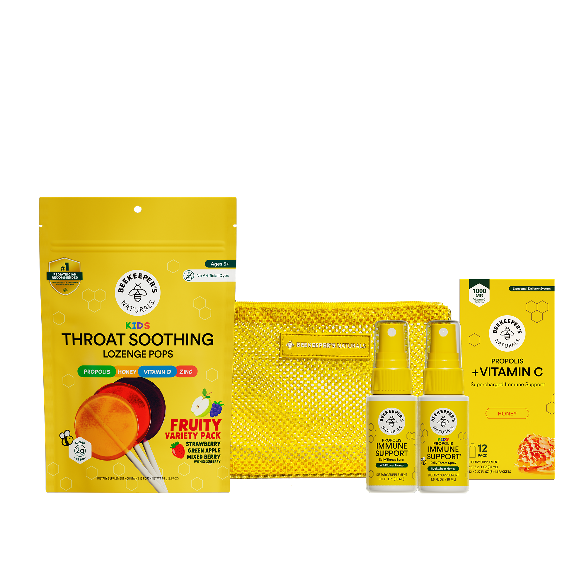 Collection of products including lozenge pops, immune support spray, and vitamin C supplement on a white background.