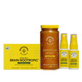 Collection of Beekeeper's Naturals products including honey, brain nootropic, and immune support sprays on a white background.