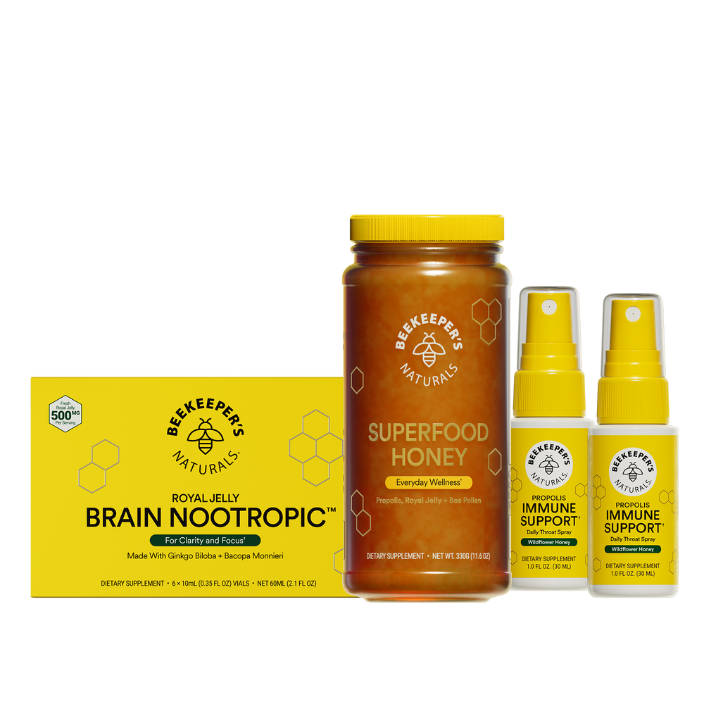Collection of Beekeeper's Naturals products including honey, brain nootropic, and immune support sprays on a white background.