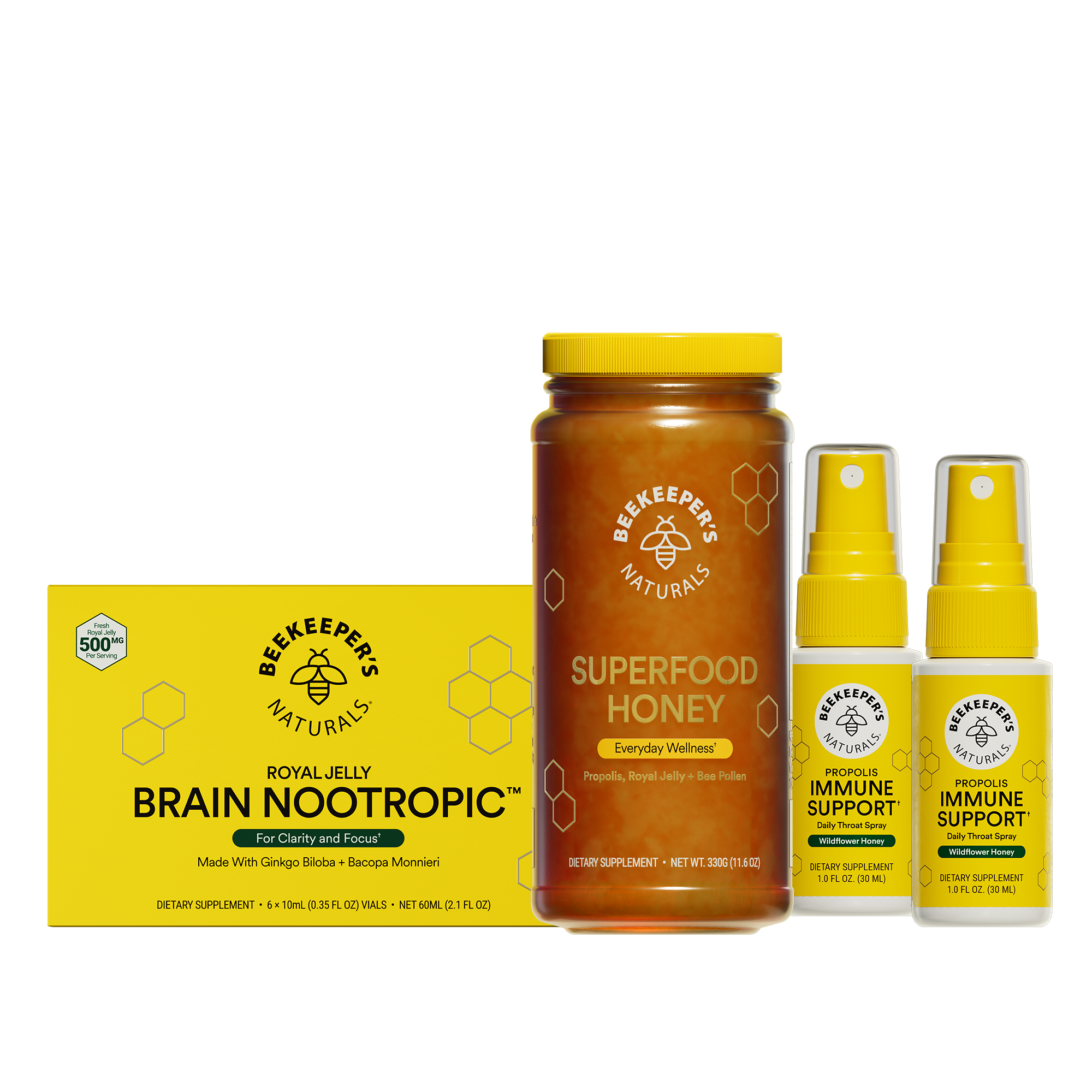 Collection of Beekeeper's Naturals products including honey, brain nootropic, and immune support sprays on a white background.