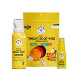 Three Beekeeper's Naturals products including saline nasal mist, kids throat soothing lozenge pops, and kids immune support spray on a white background