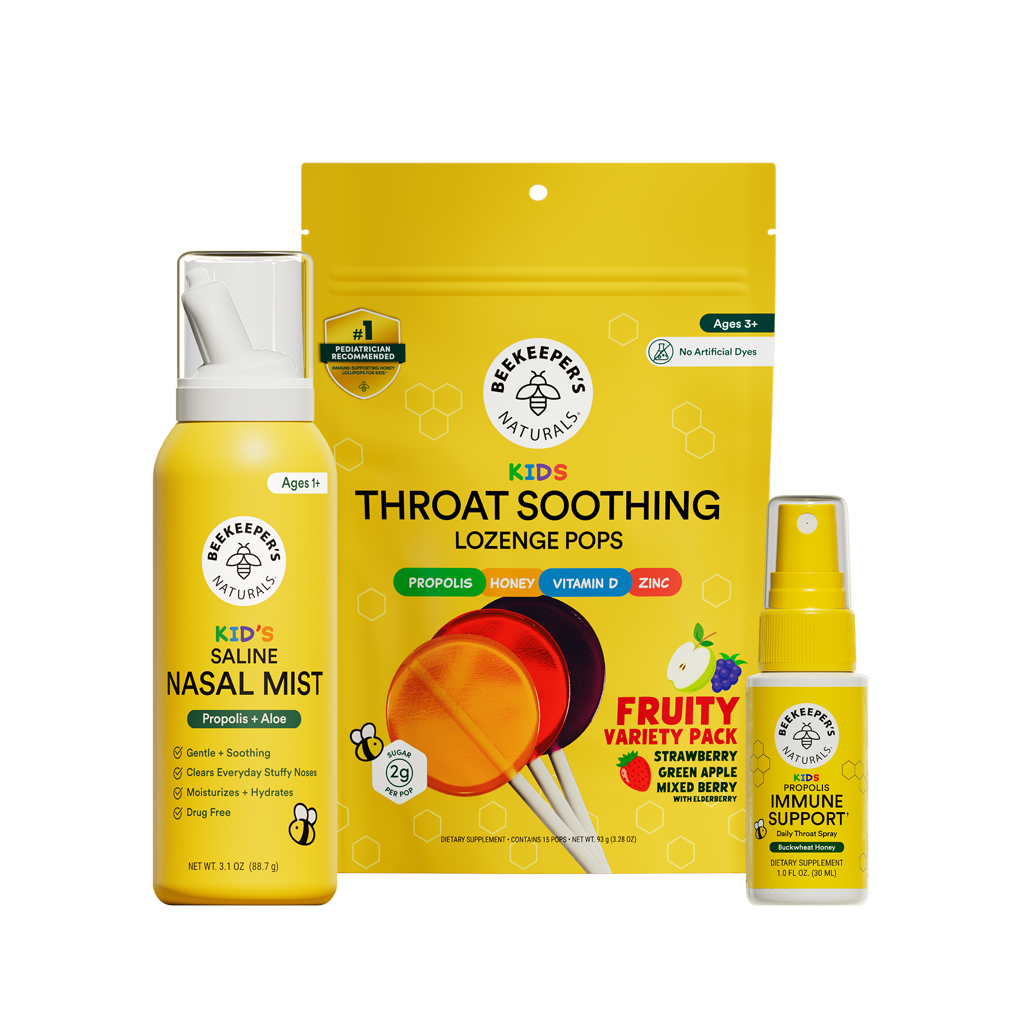 Three Beekeeper's Naturals products including saline nasal mist, kids throat soothing lozenge pops, and kids immune support spray on a white background