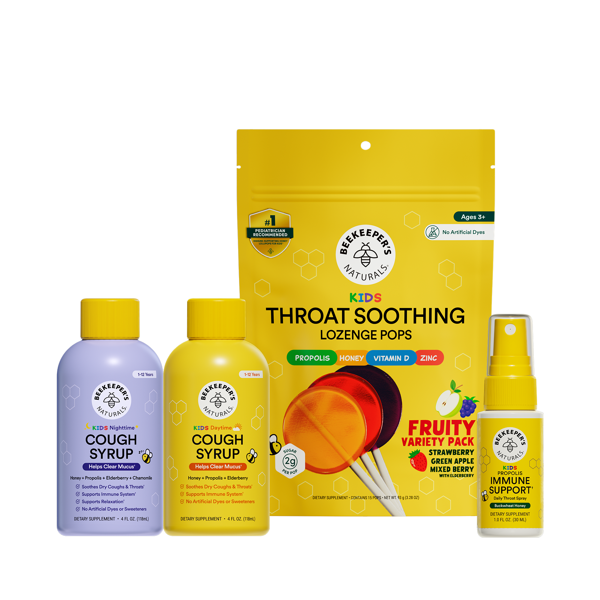 Collection of Beekeeper's Naturals health products including cough syrup, lozenge pops, and immune support spray on a white background.