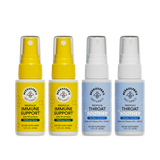 Two bottles of Beekeeper's Naturals Propolis Immune Support spray and two bottles of Throat Soother spray on a white background.