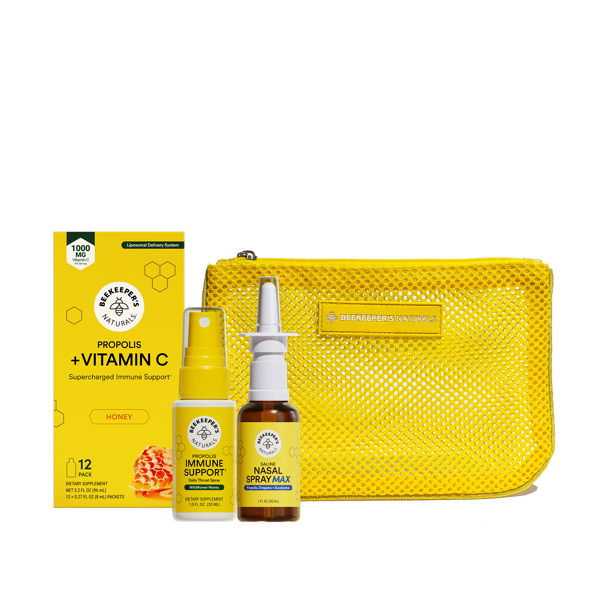 Beekeeper's Natural wellness gift set featuring a yellow mesh pouch, a box of Propolis + Vitamin C, an Immune Support spray, and a Nasal Spray Mask, all on a translucent background.