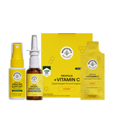 A Beekeeper's Naturals Propolis + Vitamin C immune support kit featuring a yellow box, a yellow nasal spray bottle, a white nasal spray pump bottle, and a yellow honey-flavored supplement packet, all arranged on a clean white background.