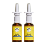 2 Saline Nasal Spray Max with Propolis, oregano + eucalyptus on a white background.