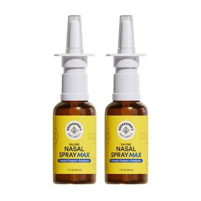 2 Saline Nasal Spray Max with Propolis, oregano + eucalyptus on a white background.