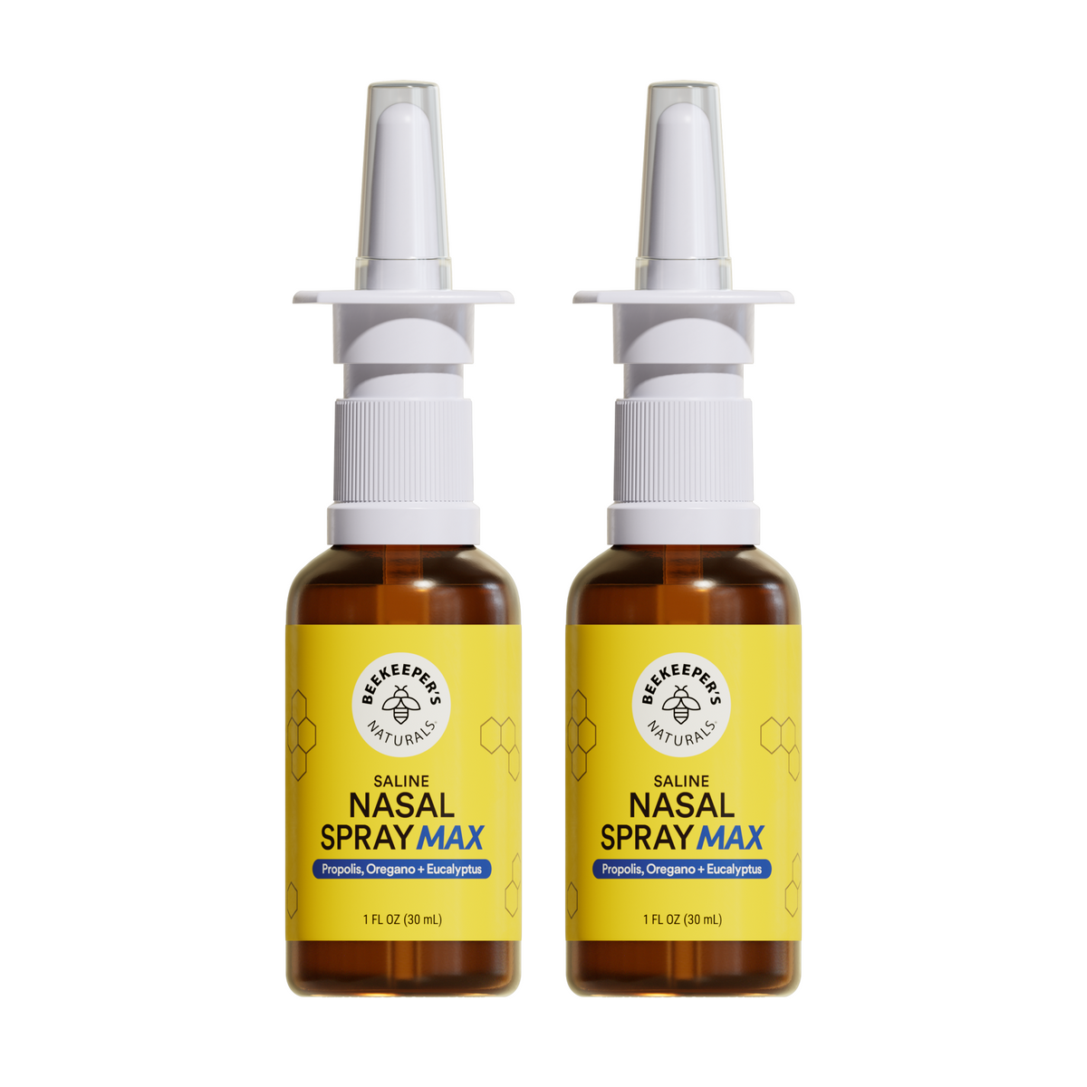 2 Saline Nasal Spray Max with Propolis, oregano + eucalyptus on a white background.