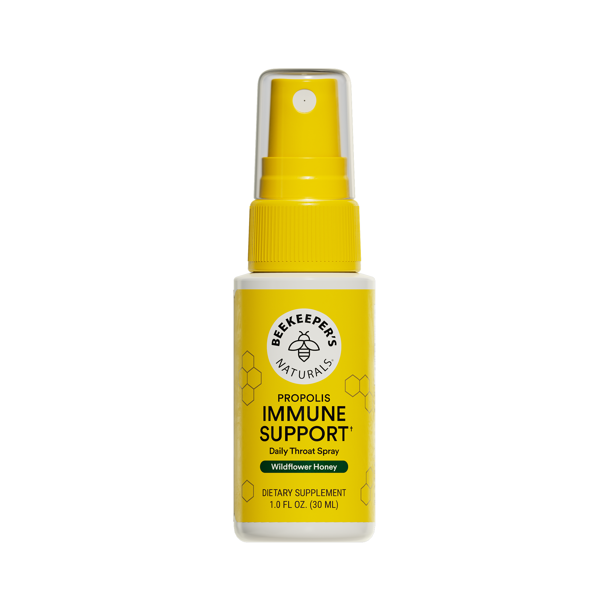 Yellow spray bottle labeled 'Beekeeper's Naturals Immune Support' on a white background
