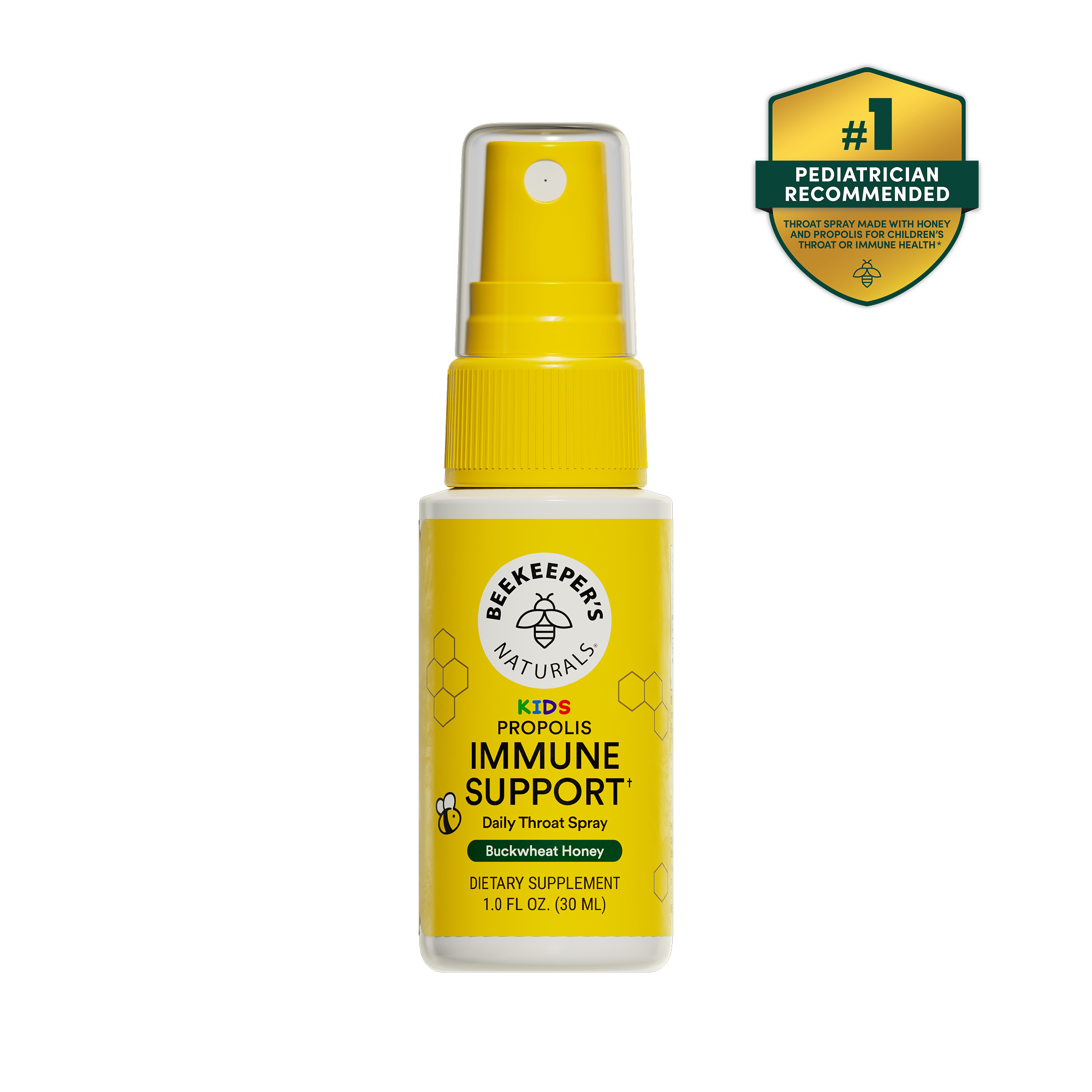 Yellow immune support spray bottle with Beekeeper's Naturals branding on a white background