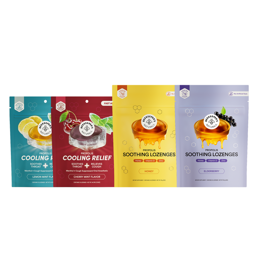 Beekeeper's Naturals Cooling Relief Lozenges in Cherry Mint and Lemon Mint, and Soothing Lozenges in Honey and Elderberry.