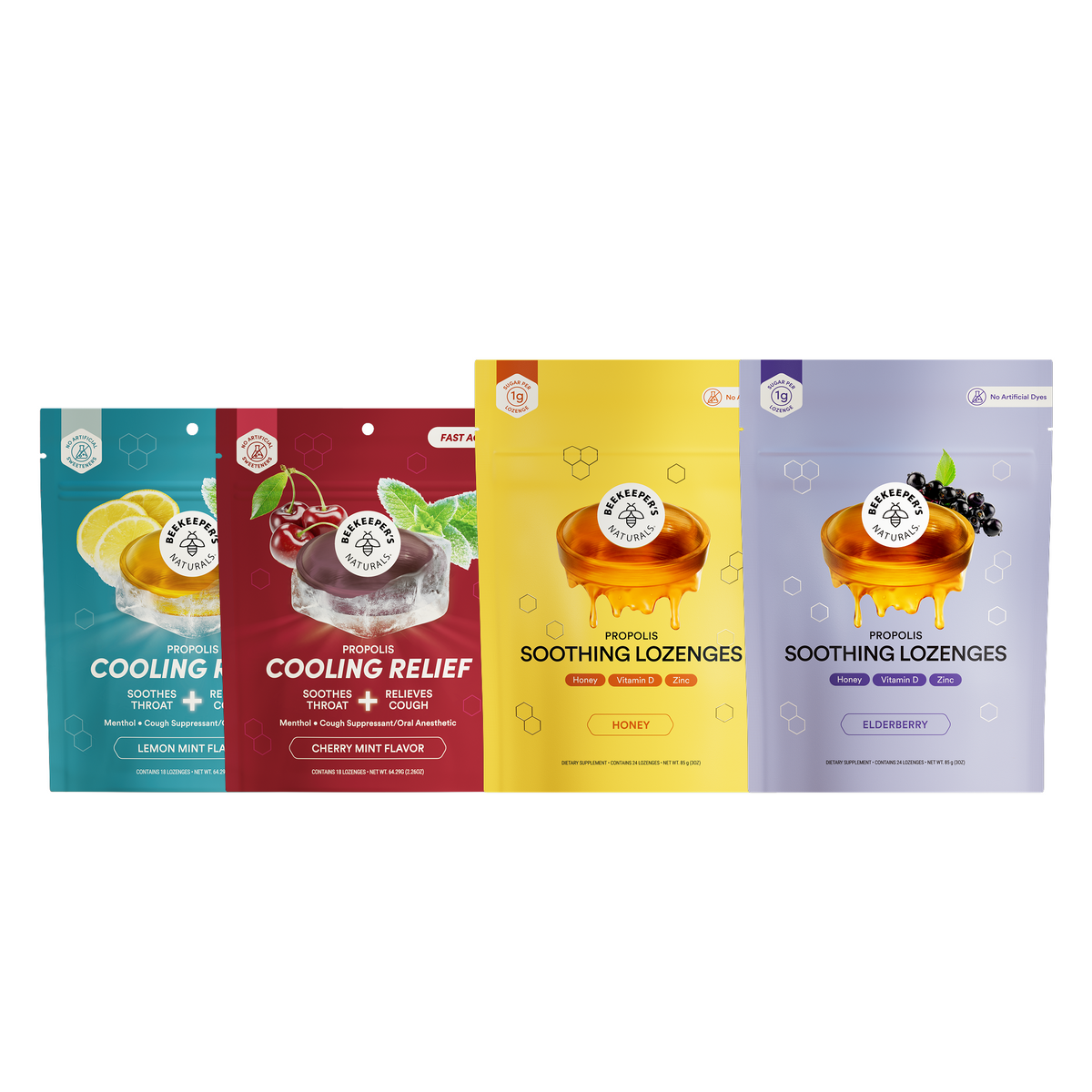Beekeeper's Naturals Cooling Relief Lozenges in Cherry Mint and Lemon Mint, and Soothing Lozenges in Honey and Elderberry.