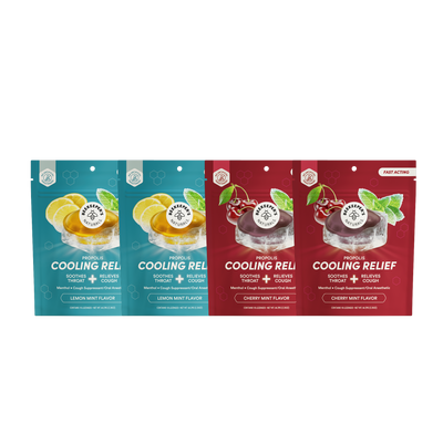 4 propolis cooling relief lozenges from beekeepers naturals. 2 in lemon mint and 2 in cherry mint.
