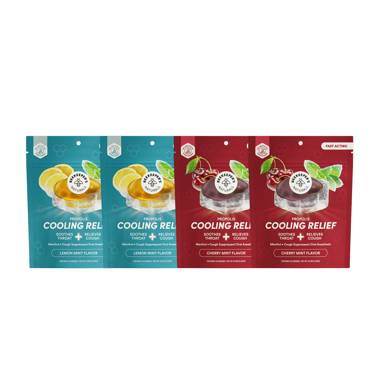 4 propolis cooling relief lozenges from beekeepers naturals. 2 in lemon mint and 2 in cherry mint.