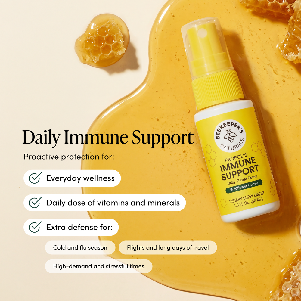 Beekeeper's Naturals Propolis Immune Support spray bottle with honeycomb and honey on a yellow background