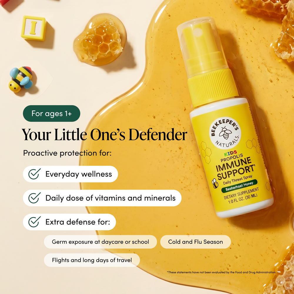 Beekeeper's Naturals Kids Propolis Immune Support spray bottle on a honey background with product features listed.