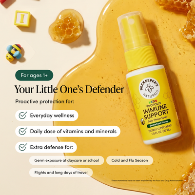 Beekeeper's Naturals Kids Propolis Immune Support spray bottle on a honey background with product features listed.