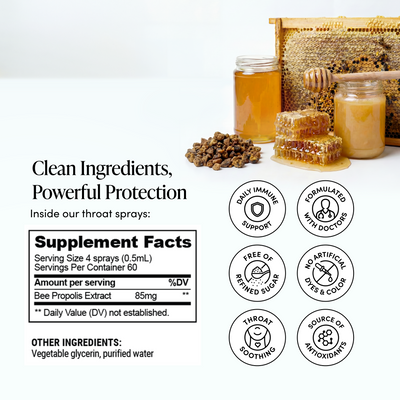 Honey and honeycomb with supplement facts and product features on a white background