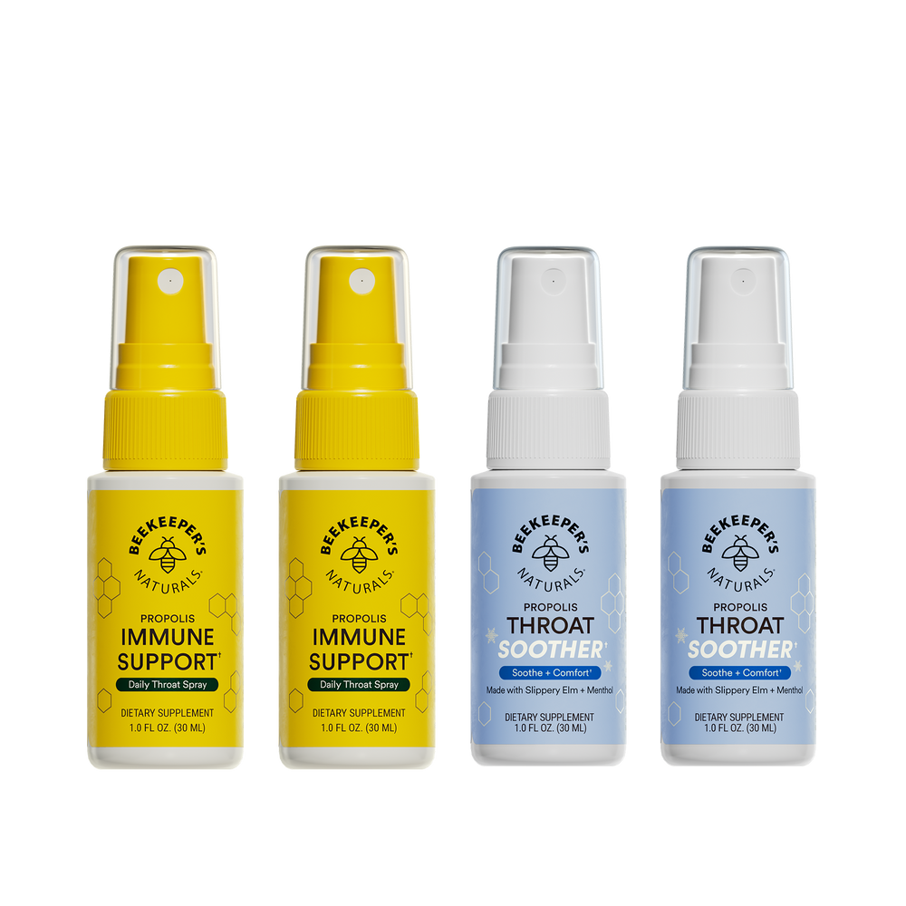 Four bottles of Beekeeper's Naturals immune support and throat soother sprays on a white background.