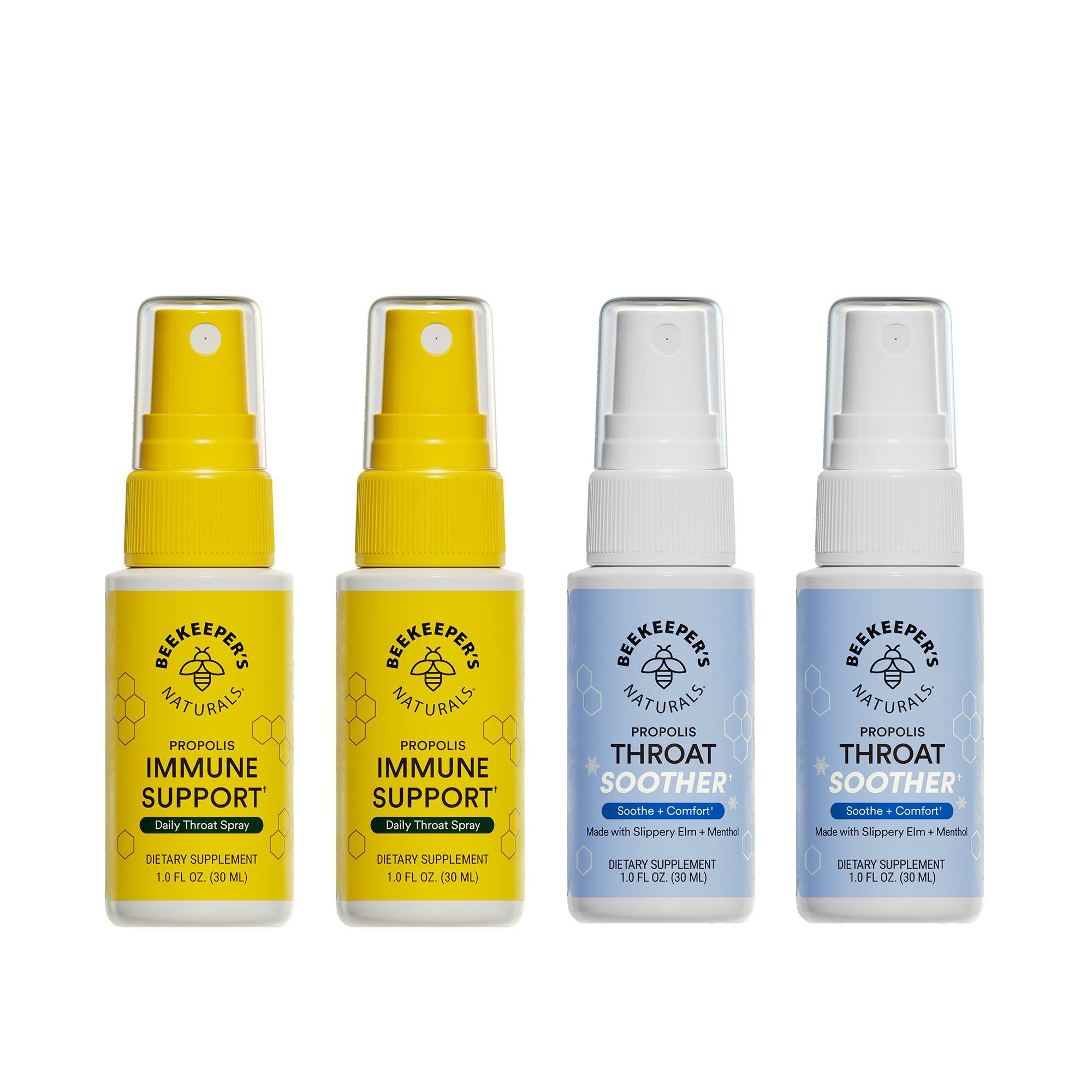 Four bottles of Beekeeper's Naturals immune support and throat soother sprays on a white background.