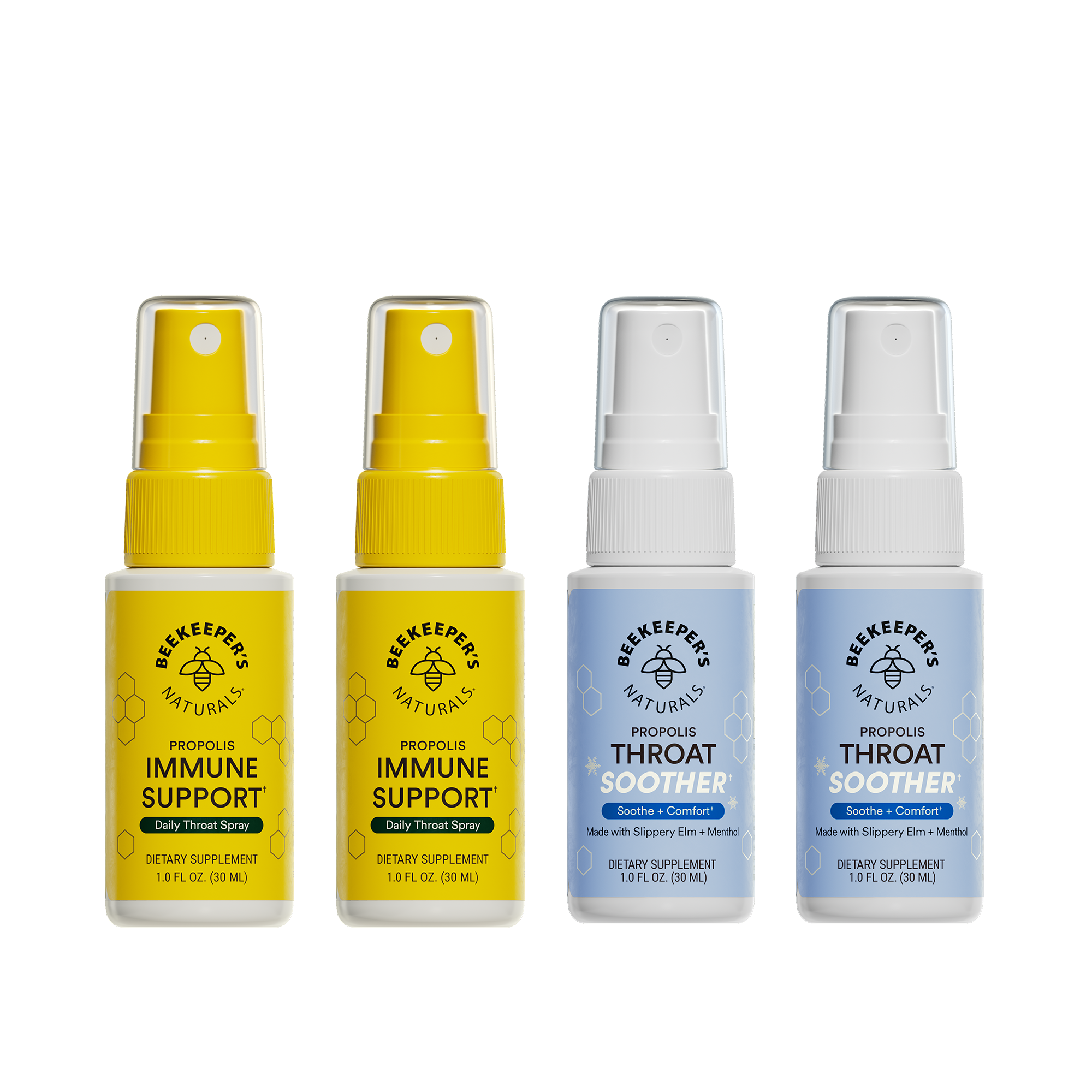 Four bottles of Beekeeper's Naturals immune support and throat soother sprays on a white background.