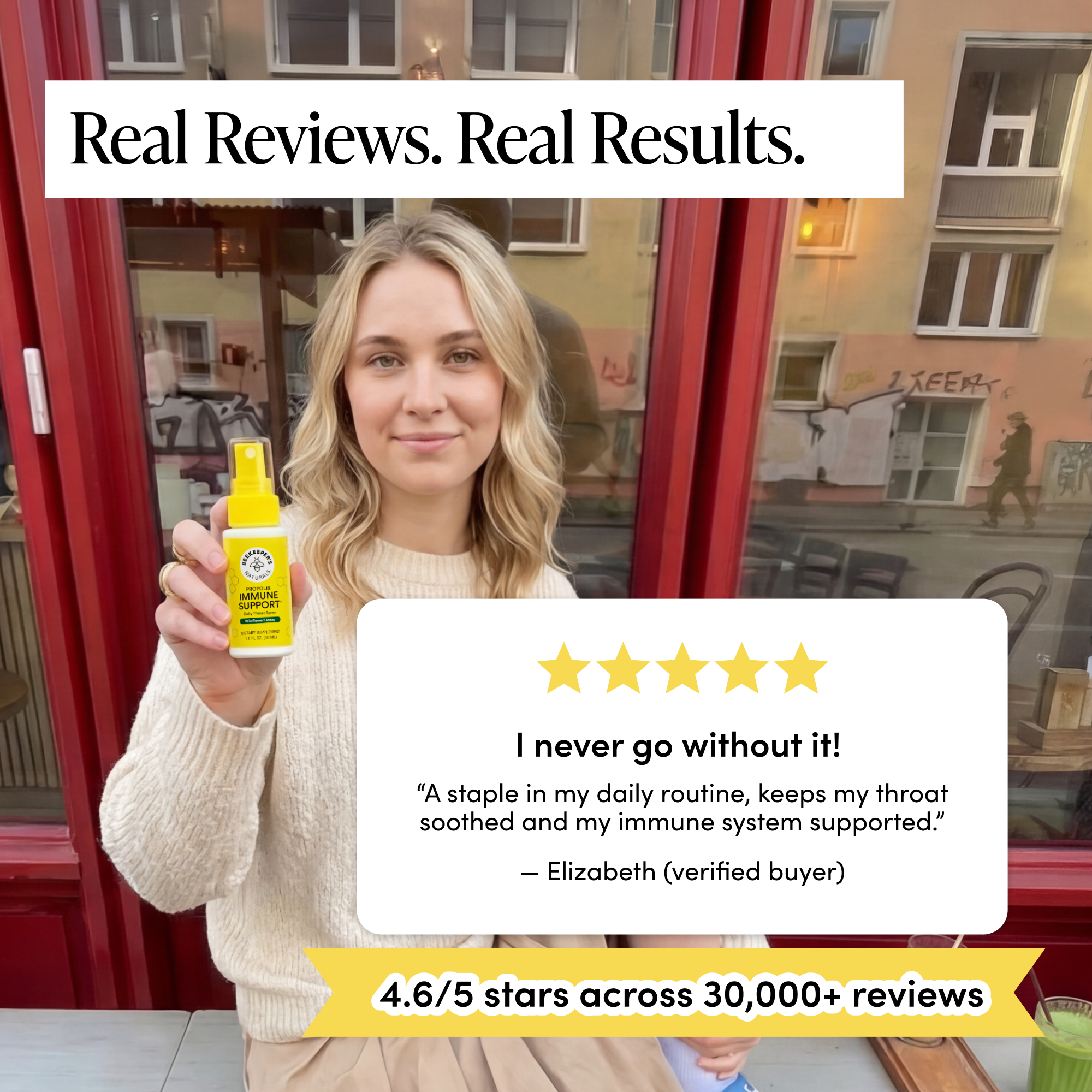 Woman holding a yellow bottle with a five-star review and customer quote on a city street background.