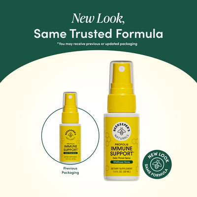 Yellow spray bottle with 'Propolis Immune Support' label on a green and beige background, featuring text about new packaging.