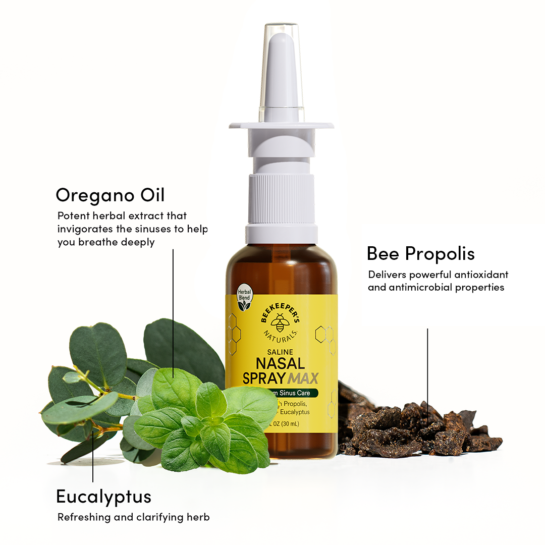 Nasal Spray Max bottle with Oregano Oil leaves, Eucalyptus herb, and Bee Propolis resin highlighting natural ingredients for sinus care and respiratory support.