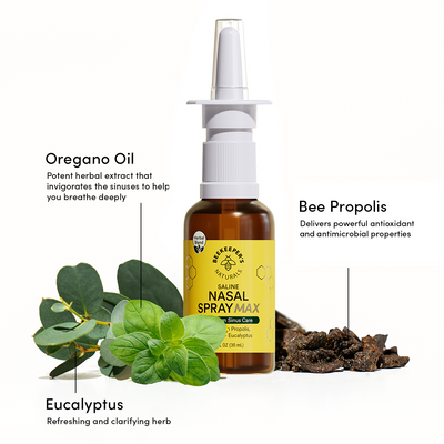 Nasal Spray Max bottle with Oregano Oil leaves, Eucalyptus herb, and Bee Propolis resin highlighting natural ingredients for sinus care and respiratory support.