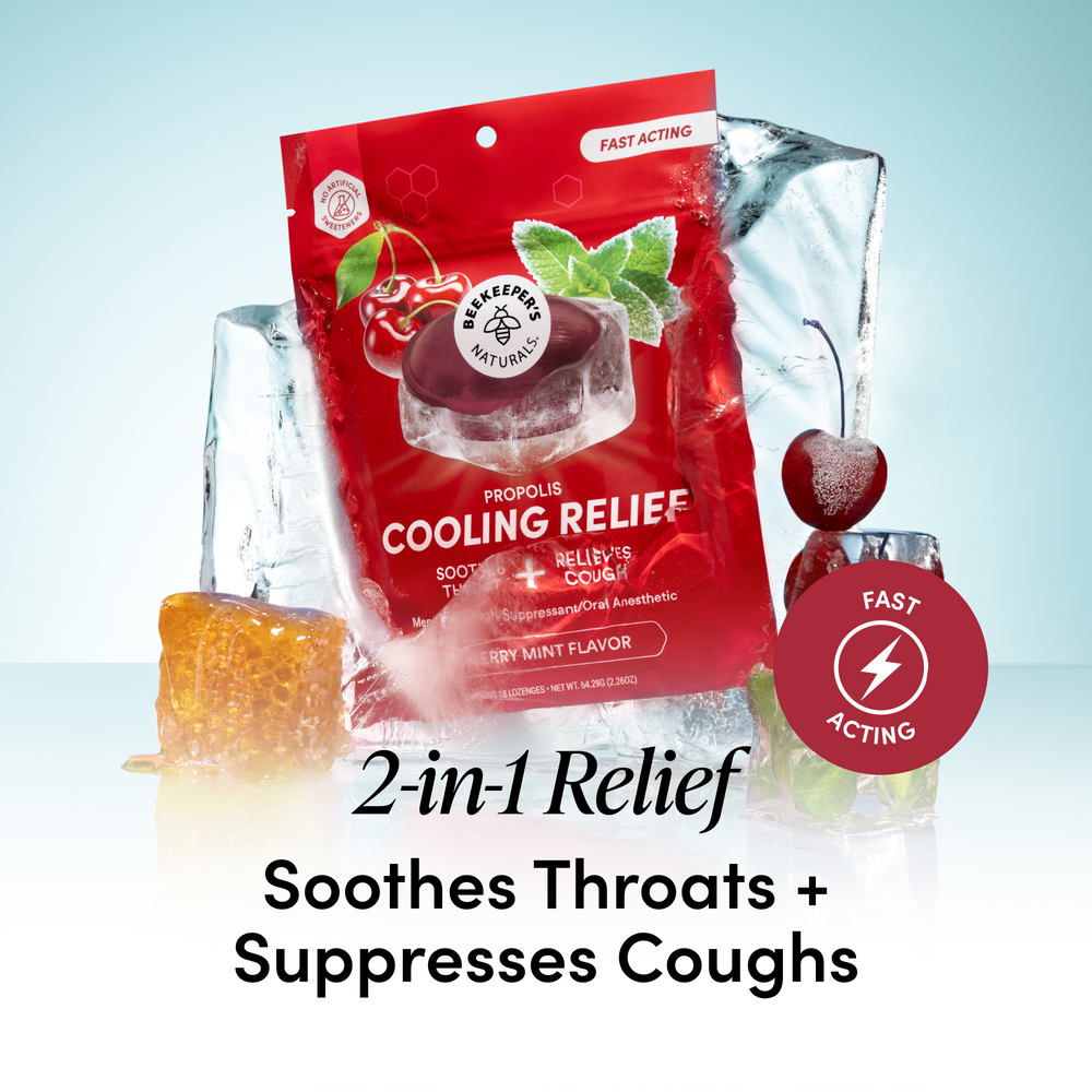 A red bag of Cooling Relief throat and cough relief candy is shown in front of ice packs, cherries, and honeycomb graphics, with text reading '2-in-1 Relief Sothes Throats + Suppresses Coughs'.