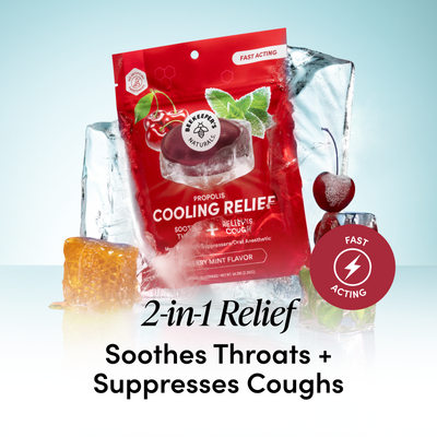 A red bag of Cooling Relief throat and cough relief candy is shown in front of ice packs, cherries, and honeycomb graphics, with text reading '2-in-1 Relief Sothes Throats + Suppresses Coughs'.