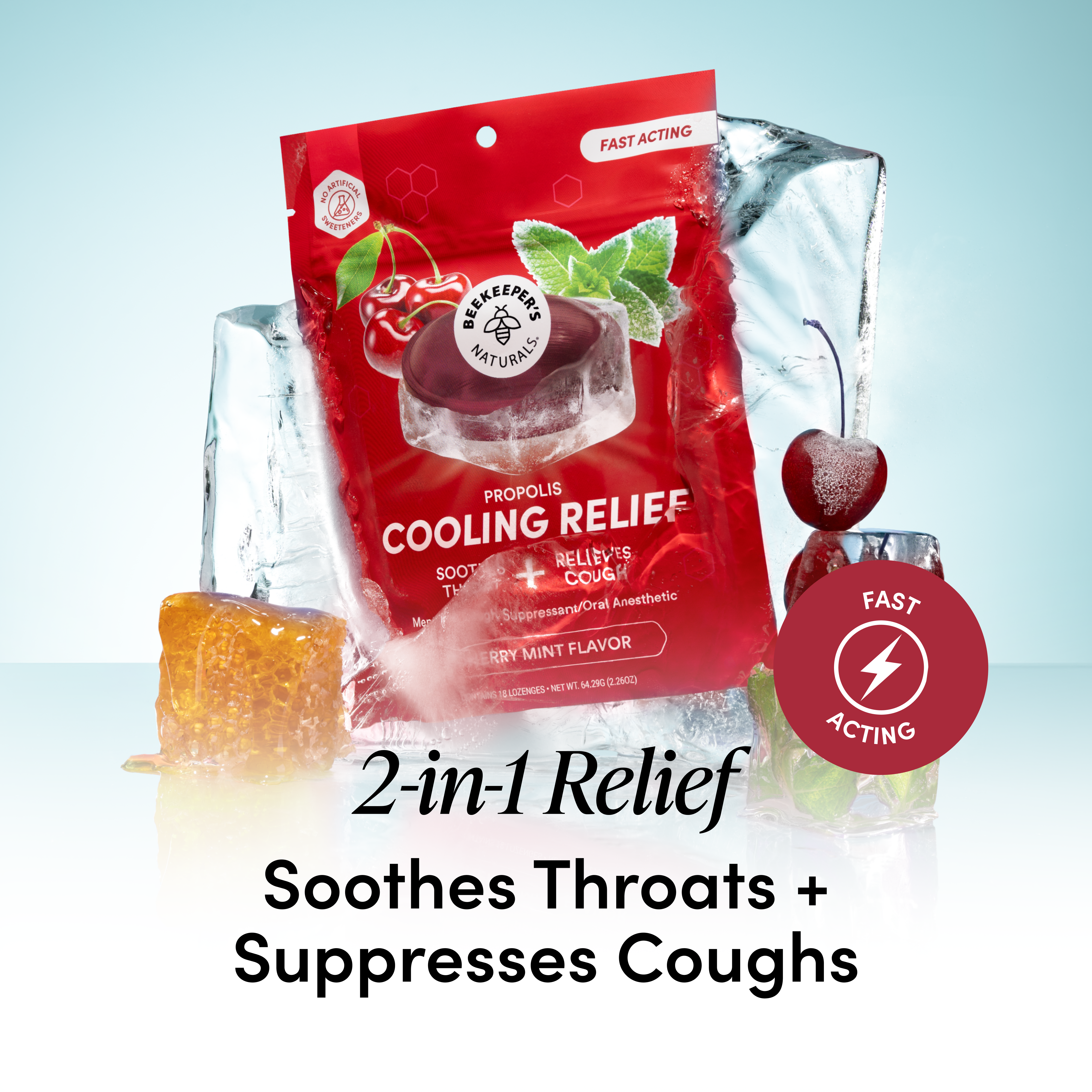 A red bag of Cooling Relief throat and cough relief candy is shown in front of ice packs, cherries, and honeycomb graphics, with text reading '2-in-1 Relief Sothes Throats + Suppresses Coughs'.