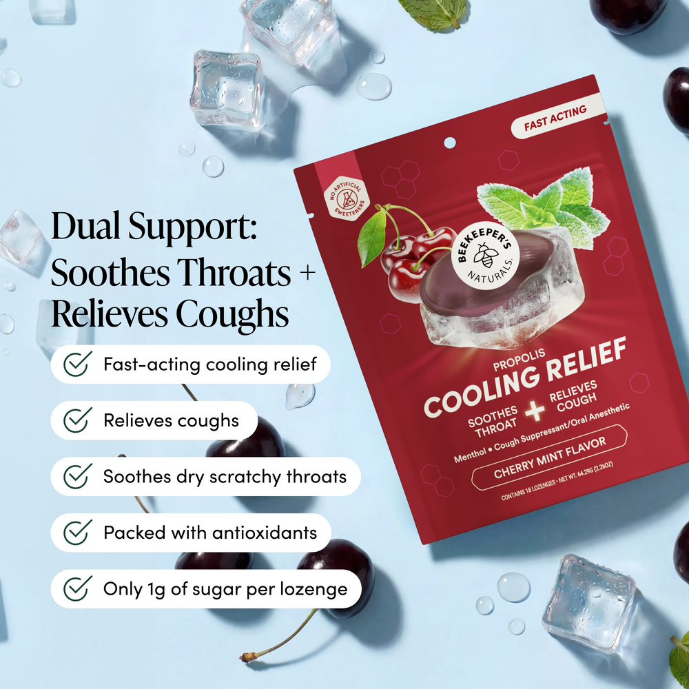 A red package of Beropolis Naturals Propolis Cooling Relief lozenge is shown on a light blue background with scattered ice cubes and cherries. Text on the left highlights dual support for throat and cough relief, and the package indicates cherry mint flavor.