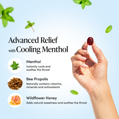 A hand holds a single dark red gummy or capsule against a light blue background with floating mint leaves. Large text reads 'Advanced Relief with Cooling Menthol,' with three ingredient callouts: Menthol, Bee Propolis, and Wildflower Honey.