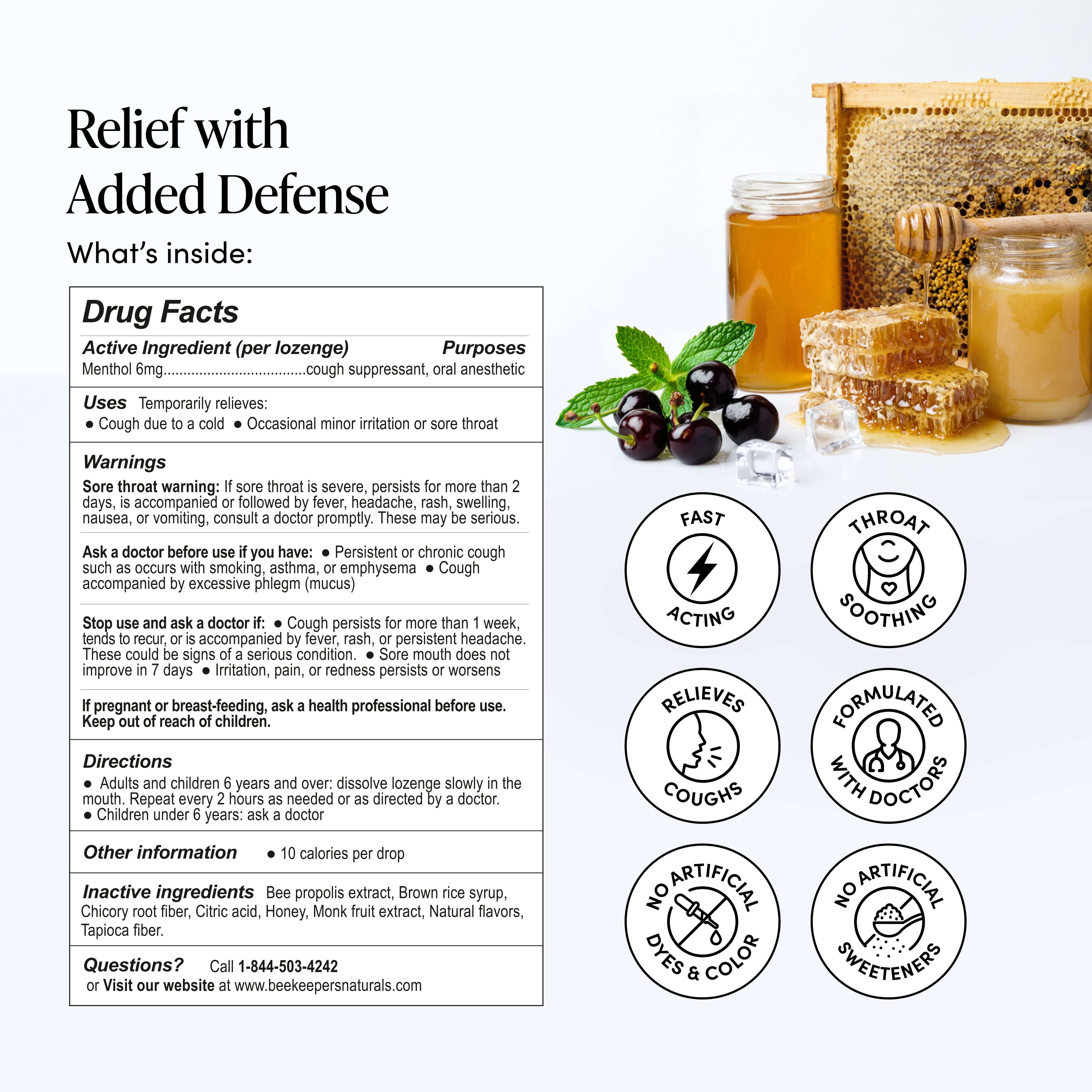 A product information card for Bee Propolis Naturals 'Relief with Added Defense' cough syrup. The card features the product name, drug facts, directions, warnings, and a list of benefits, alongside a photo of a glass bottle of golden-brown syrup, honeycomb, a jar of propolis, and mint leaves on a white background.