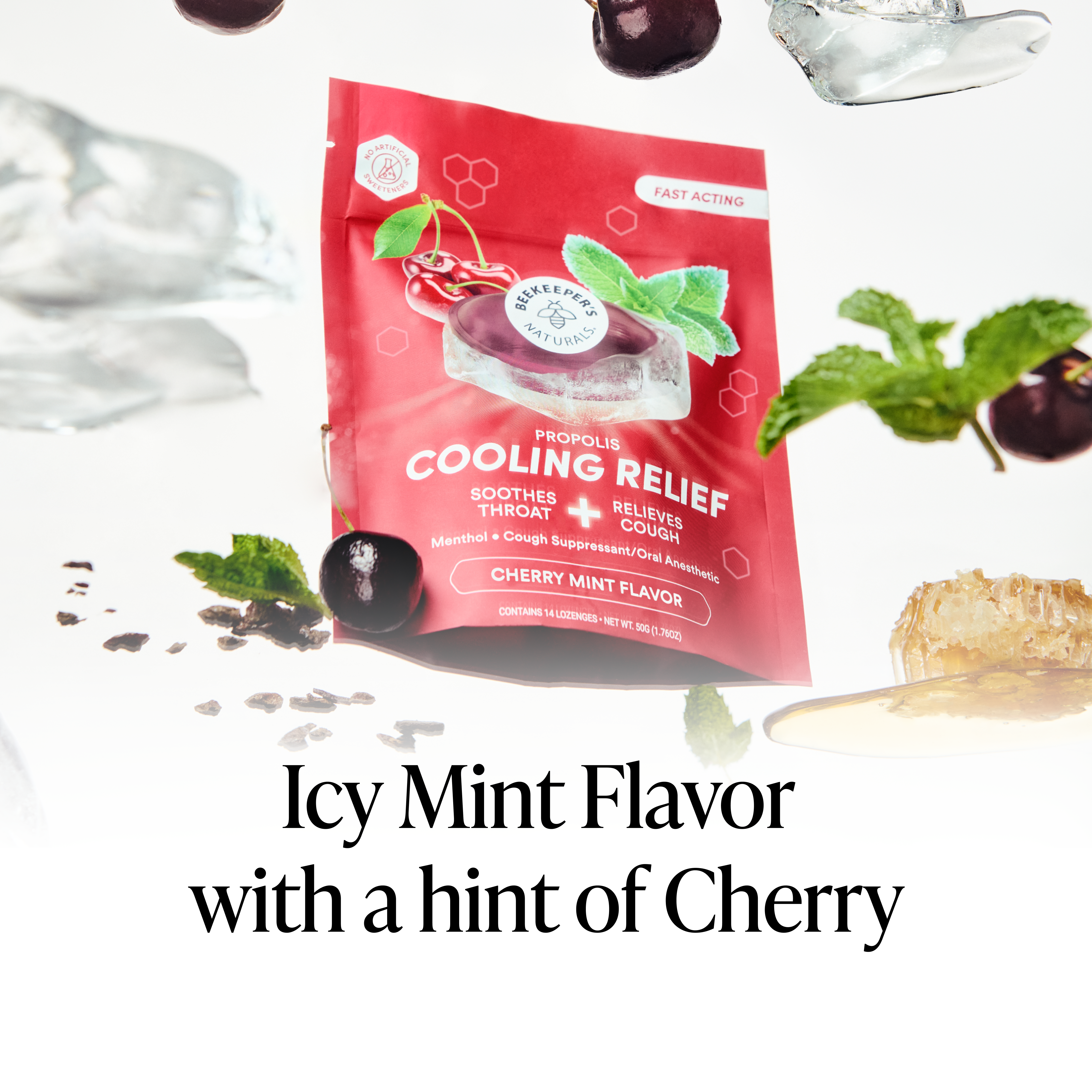 A red pouch of Propolis Cooling Relief Soother Throat + Relieving Crust in Cherry Mint Flavor, surrounded by floating ice cubes, mint leaves, cherries, and honey on a white background with the text 'Icy Mint Flavor with a hint of Cherry'.