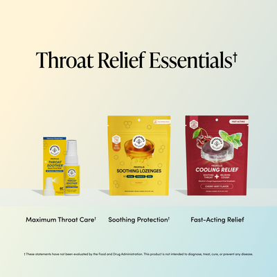 Three over-the-counter throat relief products are shown side by side on a pale gradient background with headline text reading 'Throat Relief Essentials.' The products are a yellow and white Maximum Throat Care box and spray bottle, a yellow Soothing Lozenges pouch, and a red Cooling Relief pouch.
