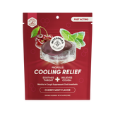 A red stand-up pouch of Bee Keeper Naturals Propolis Cooling Relief Cherry Mint Flavor, featuring a graphic of a cherry, mint leaves, and an ice cube with a dark purple propolis coating, on a white background.