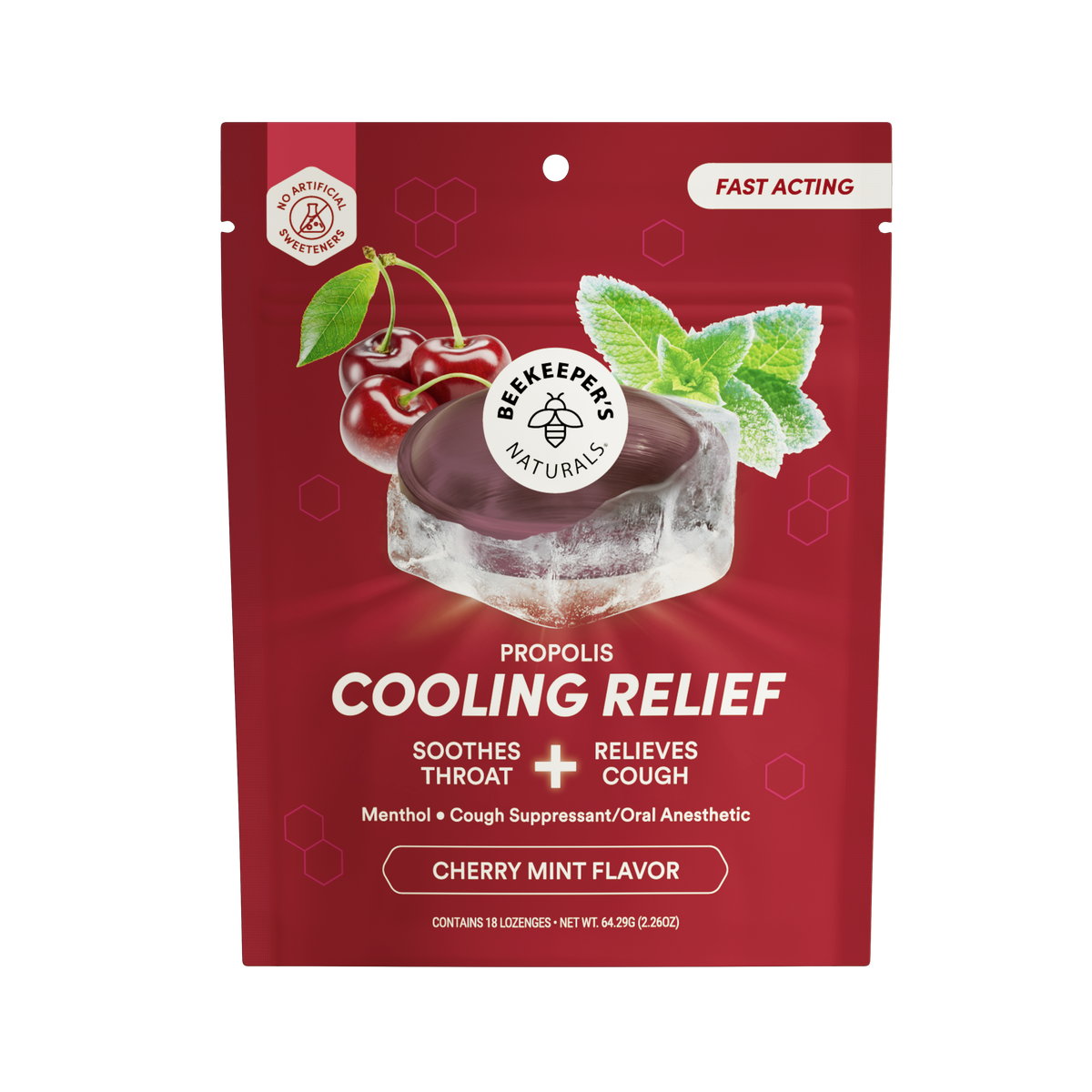 A red stand-up pouch of Bee Keeper Naturals Propolis Cooling Relief Cherry Mint Flavor, featuring a graphic of a cherry, mint leaves, and an ice cube with a dark purple propolis coating, on a white background.